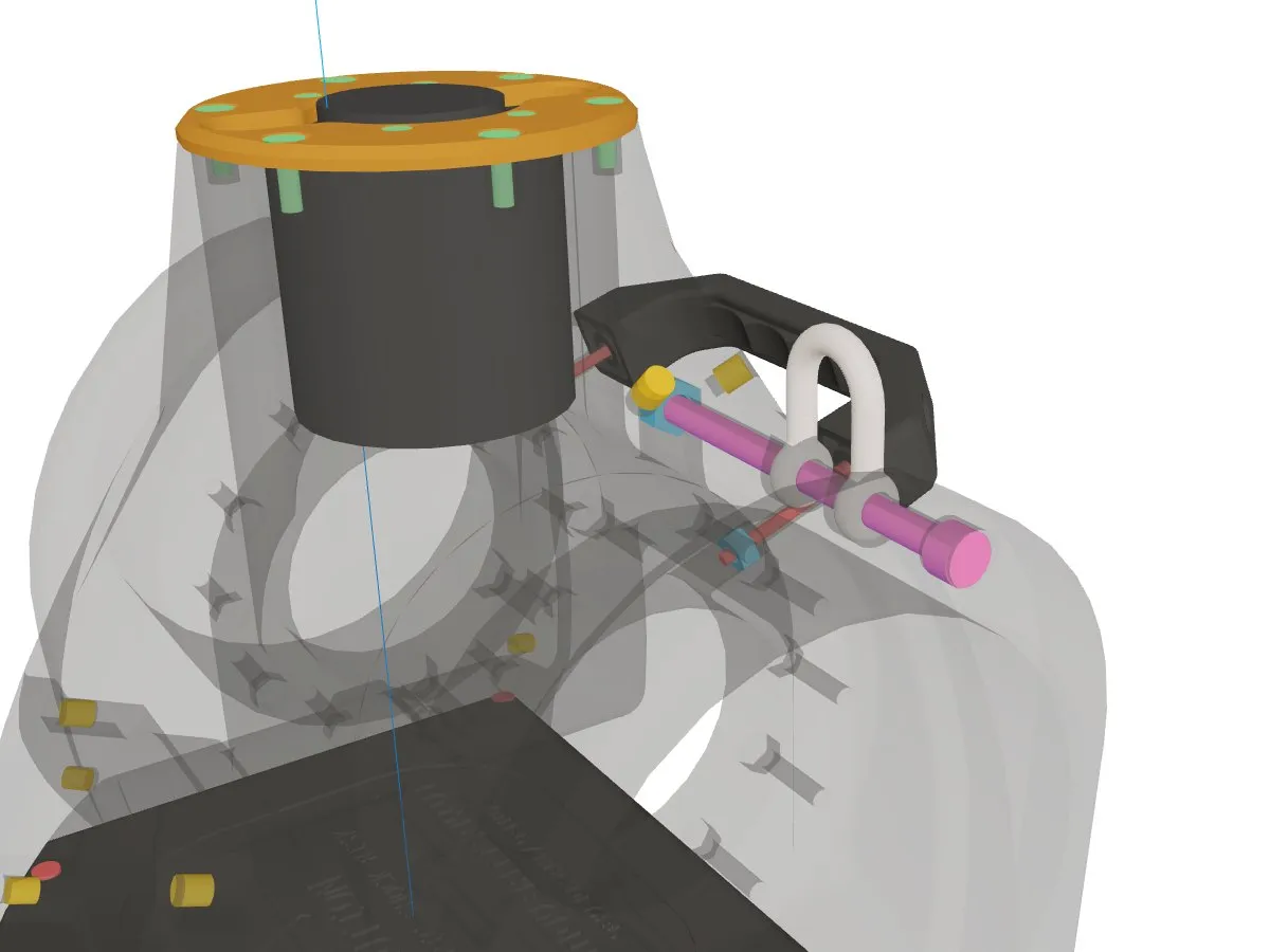 The Asimov 1 torso in a Oneshot 3D work instruction, last step: driving the M6x85 screw through the chain shackle